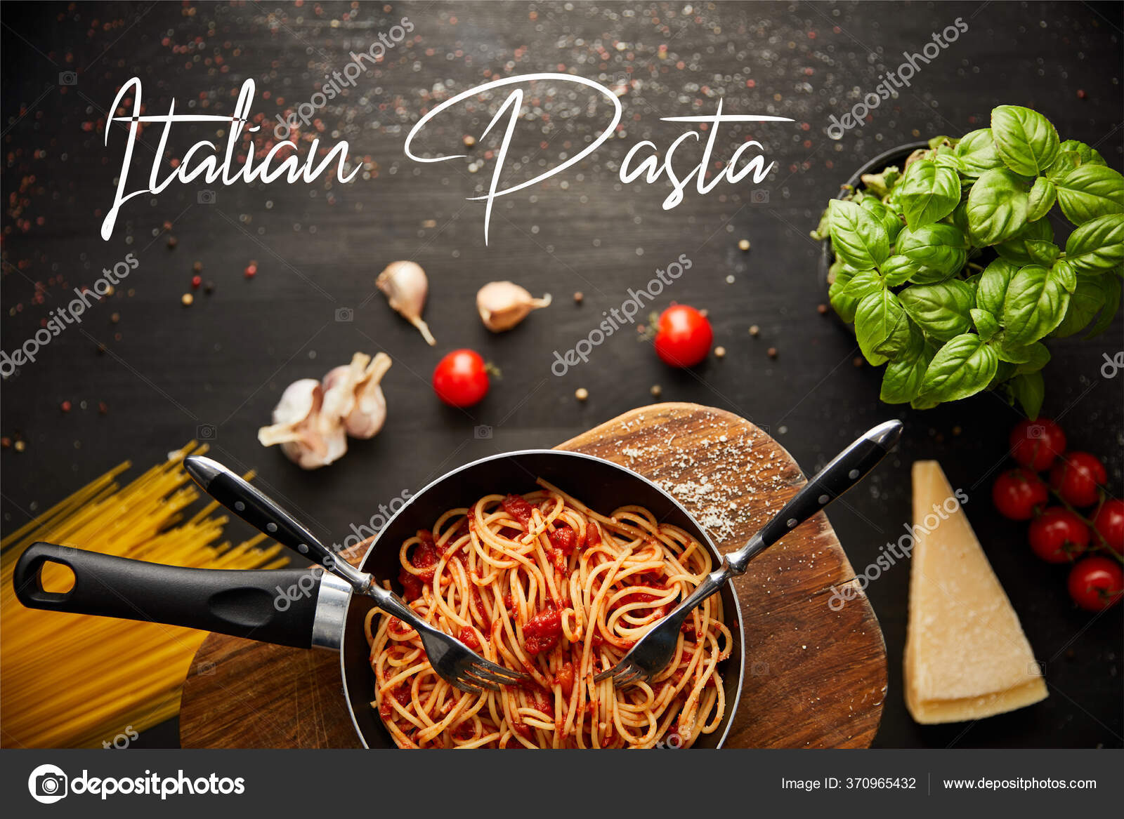 Top View Tasty Bolognese Pasta Frying Pan Ingredients Cutlery Black