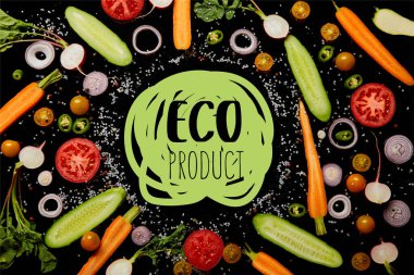 top view of fresh vegetable slices with salt with eco product illustration isolated on black  clipart