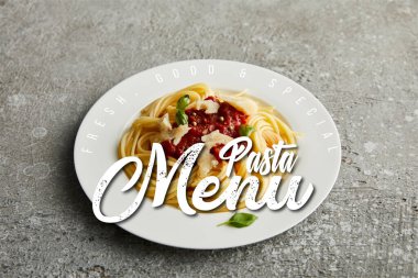 Domates soslu leziz bolonez makarna ve gri arka planda beyaz tabakta parmesan.