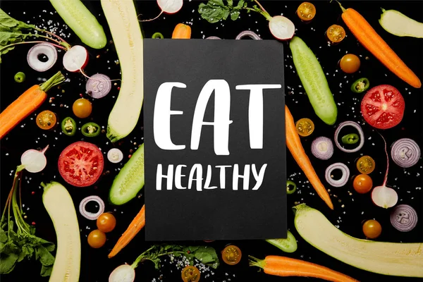 Top View Black Card Eat Healthy Illustration Vegetable Pattern Isolated — Stock Photo, Image