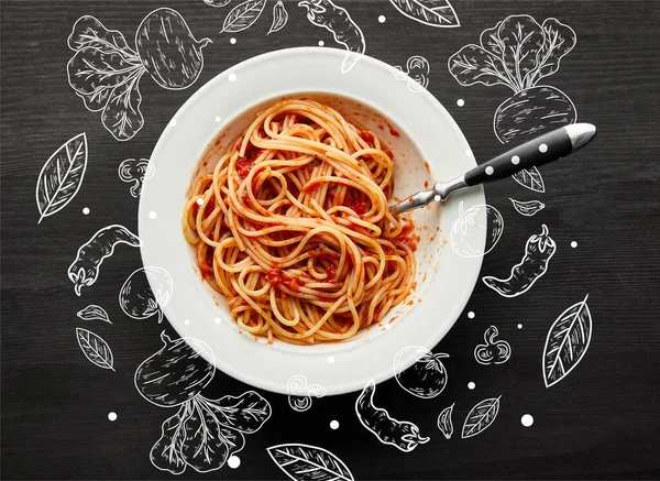 Draufsicht Auf Leckere Bolognese Pasta Mit Tomatensauce Weißem Teller Auf — Stockfoto
