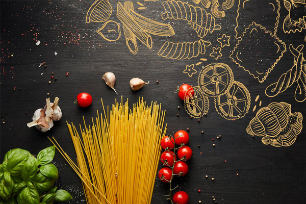 top view of raw bolognese pasta ingredients on black wooden background, food illustration