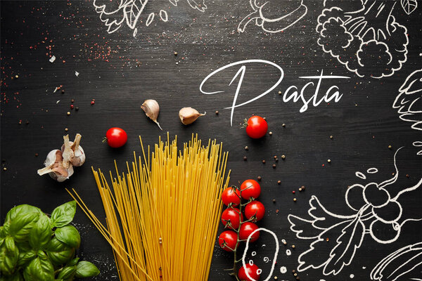 top view of raw bolognese pasta ingredients on black wooden background, pasta illustration