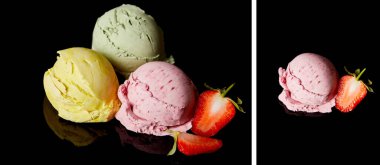 collage of delicious lemon, strawberry and mint ice cream balls isolated on black clipart