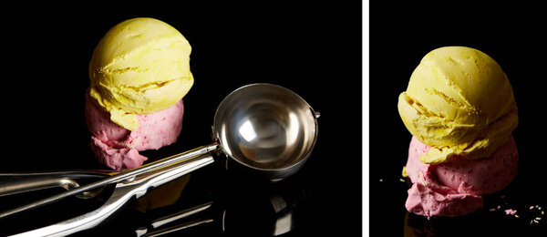 collage of delicious lemon, strawberry ice cream balls with scoop on black