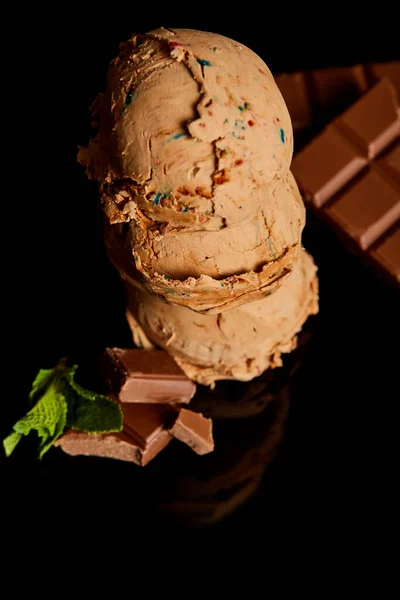 Fresh Delicious Chocolate Ice Cream Mint Leaves Isolated Black — Stock Photo, Image