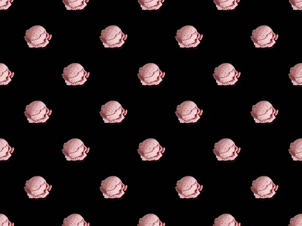 Delicious Pink Strawberry Ice Cream Isolated Black Seamless Pattern — Stock Photo, Image
