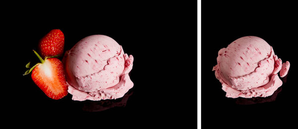 коллаж из вкусного розового клубничного мороженого со свежими ягодами, изолированными на черном

