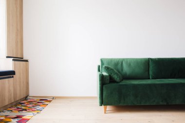 green sofa with pillow near colorful rug on floor and wooden cabinets clipart