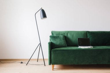 KYIV, UKRAINE - APRIL 14, 2020: green sofa with pillow and laptop with javascript on screen near metal modern floor lamp clipart
