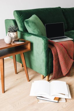 Battaniyeli ve dizüstü bilgisayarlı yeşil kanepe. Ahşap sehpanın yanında bitki ve kitapların yanında akıllı telefon.