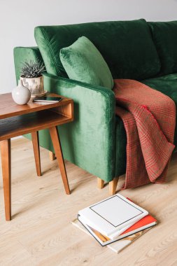 Ahşap sehpanın yanında battaniyeli yeşil kanepe ve kitapların yanında akıllı telefon.
