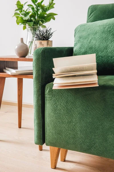 Sofá Verde Com Travesseiro Livro Cobertor Perto Mesa Café Madeira — Fotografia de Stock
