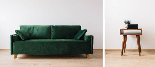 collage of green sofa with pillows and wooden coffee table with plant and alarm clock