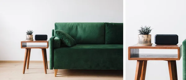 带枕头的绿色沙发与带植物和闹钟的木制咖啡桌的拼贴 — 图库照片