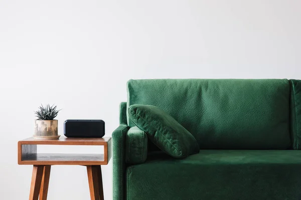 Close View Green Sofa Pillow Wooden Coffee Table Plant Alarm — Stock Photo, Image