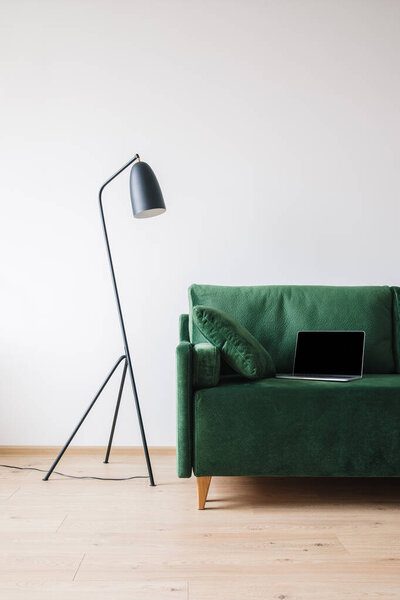 green sofa with pillow and laptop with blank screen near metal modern floor lamp