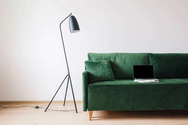 绿色沙发 配有枕头和笔记本电脑 书架上有空白屏幕 接近金属现代地板灯 — 图库照片