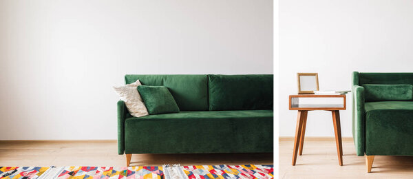 collage of modern green sofa with pillows in spacious room with colorful rug and coffee table