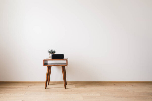 wooden coffee table with plant and clock with blank screen