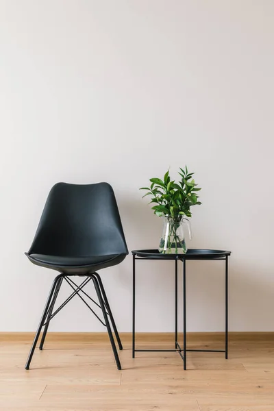 現代的な椅子の近くに緑の植物と黒のコーヒーテーブル — ストック写真