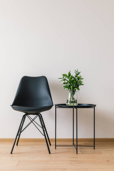 black coffee table with green plant near modern chair