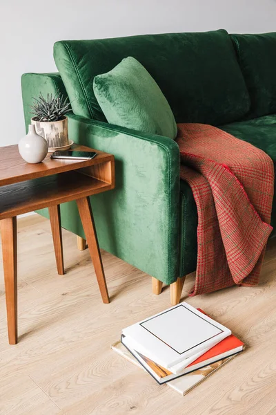 green sofa with blanket near wooden coffee table with plant and smartphone near books on floor