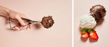 cropped view of woman with scoop and fresh tasty white and chocolate ice cream balls with mint and strawberry on pink background, collage clipart