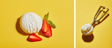 collage of fresh tasty ice cream ball with mint leaves and strawberry and scoop on yellow background clipart