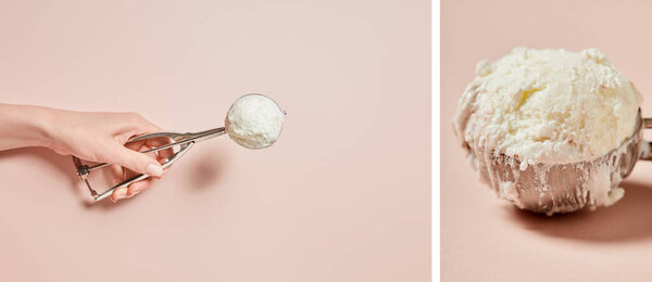 collage of female hand holding fresh tasty ice cream ball in scoop on pink background