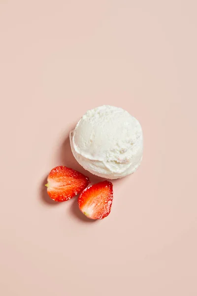 Top View Fresh Tasty Ice Cream Ball Strawberry Pink Background — Stock Photo, Image
