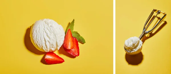 Колаж Свіжого Смачного Морозива Листя Яти Полуниці Совок Жовтому Фоні — стокове фото
