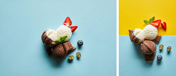 top view of tasty brown and white ice cream with berries, chocolate and mint on yellow and blue background, collage