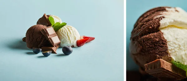 tasty brown and white ice cream with berries, chocolate and mint on blue background, collage
