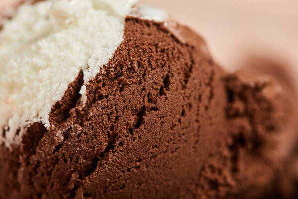 close up view of tasty brown and white ice cream