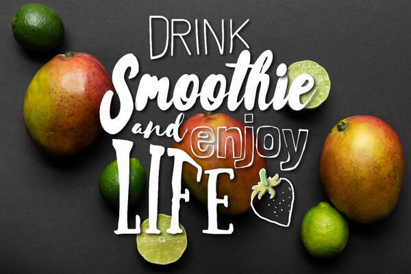 top view of ripe limes and mango on black background, drink smoothie and enjoy life illustration