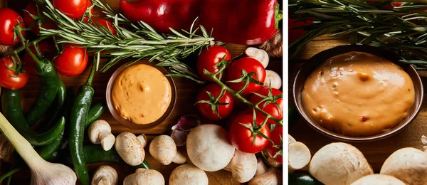 Collage Delicious Sauce Bowl Fresh Ripe Vegetables — Stock Photo, Image