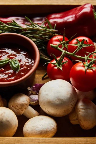 Köstliche Tomatensauce Schüssel Der Nähe Von Frischem Reifem Gemüse Rosmarin — Stockfoto