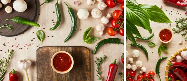 Collage Delicious Tomato Sauce Bowl Fresh Ripe Vegetables Herbs Spices — Stock Photo, Image