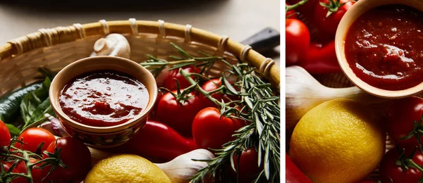 Colagem Delicioso Molho Tomate Com Legumes Frescos Maduros Cesta — Fotografia de Stock