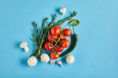 top view of delicious fresh ripe vegetables on blue background clipart