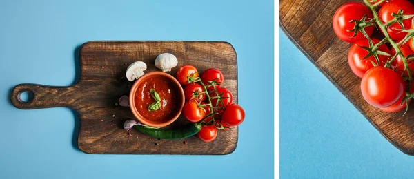 青い背景に新鮮な野菜と木の板の上にボウルにおいしいトマトソースのコラージュ — ストック写真