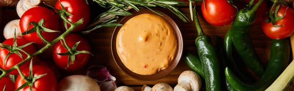 Top View Delicious Tomato Sauce Bowl Fresh Ripe Vegetables Rosemary — Stock Photo, Image