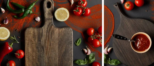 野菜やハーブのそばのまな板の上のボウルにトマトペーストのコラージュ — ストック写真