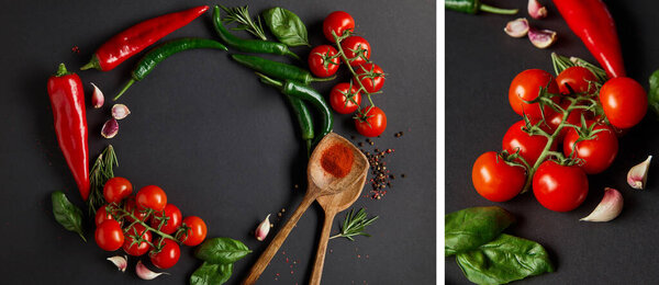 collage of ripe cherry tomatoes, garlic cloves, rosemary, peppercorns, basil leaves and green chili peppers on black