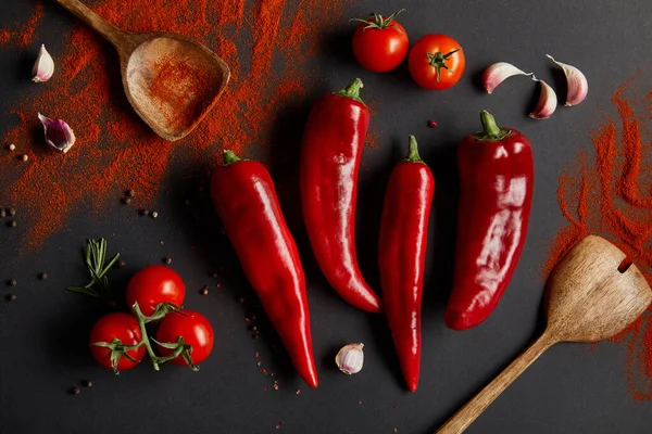 Top View Spicy Chili Peppers Cherry Tomatoes Fresh Rosemary Spoons — Stock Photo, Image