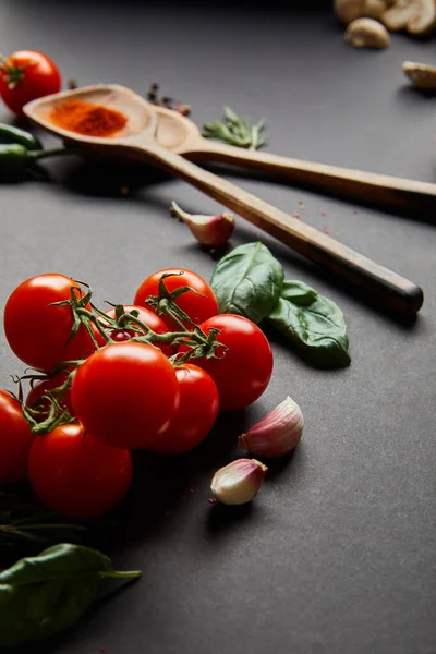 Selective focus of organic cherry tomatoes, garlic cloves, wooden spoons with paprika powder and green basil leaves on black — Stock Image Selective Focus Organic Cherry Tomatoes Garlic Cloves Wooden Spoons Paprika Stock Image