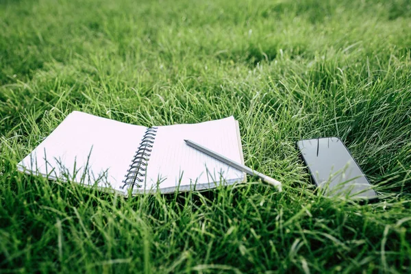 Notizbuch und digitales Gerät im Gras — Stockfoto