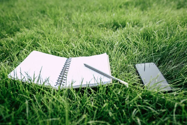 Notebook and digital device on grass — Stock Photo