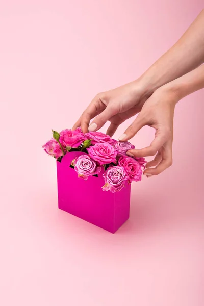 Mãos a arranjar rosas cor-de-rosa — Fotografia de Stock